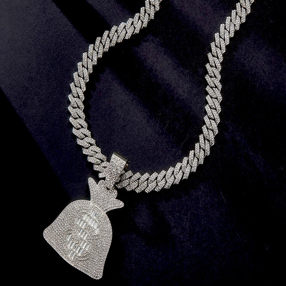 Masculino feminino hip hop dólar sinal saco de dinheiro pingente colar com 14mm corrente cubanausd saco de dinheiro colares na moda charme jóias presente
