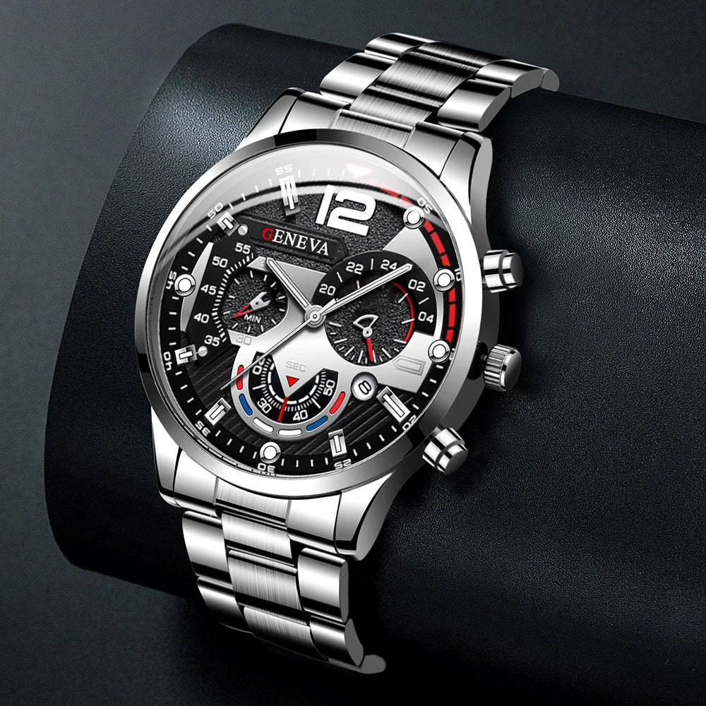 Quartz Watch for Men, Silver Steel Band, Relógios de Negócios, Conjunto de Jóias sem Caixa, Moda, 4 Pçs/set