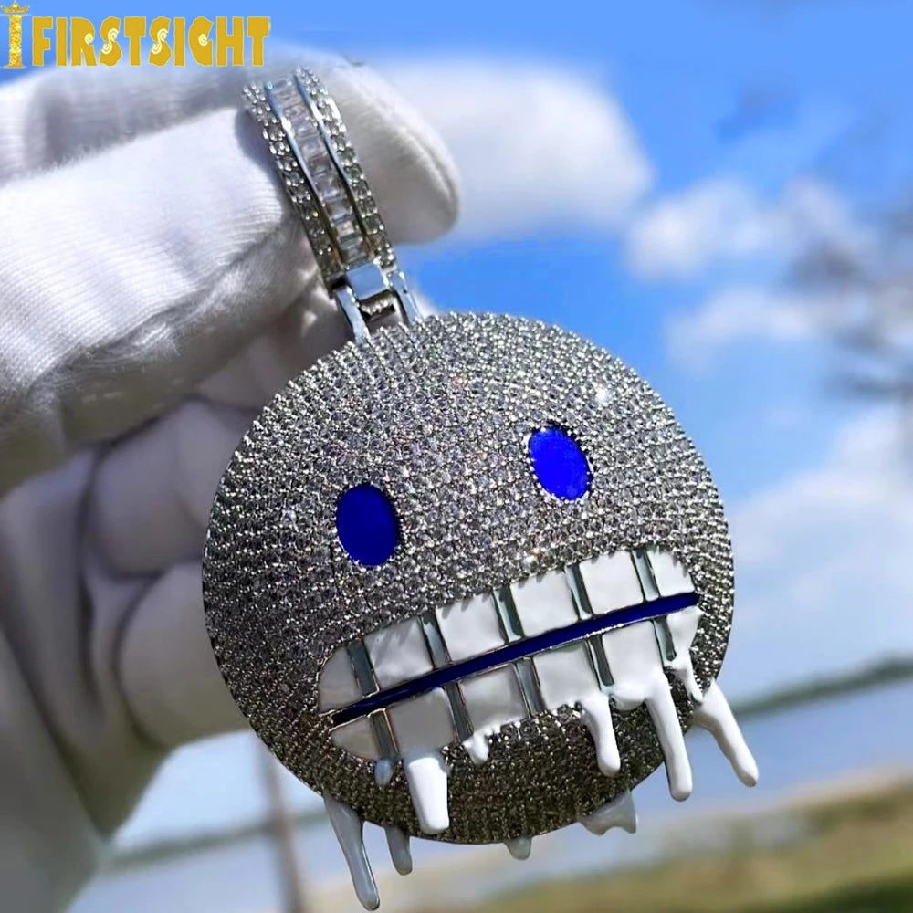 Colar gelado Bling Iceman para homens e mulheres, corrente de tênis, charme de expressão de esmalte azul, jóias Hip Hop, 5mm, CZ, moda, novo, 2024