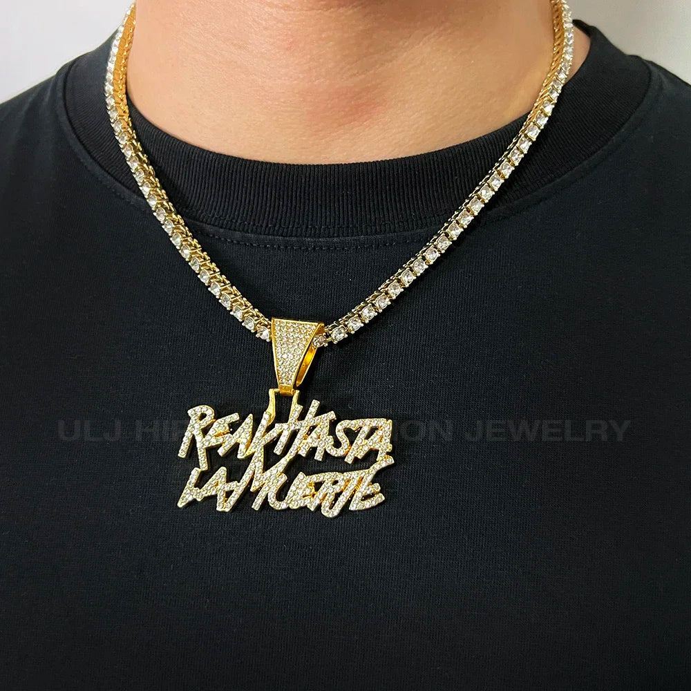 Hip hop estilo de rua realhasta lamuerte carta bling pingente colar 4mm bling corrente gelado para rapper legal jóias