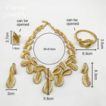 Conjunto de joias banhadas a ouro em formato de folha, 4 peças, para mulheres, colar, brincos, pulseira, anel, festa de casamento, presentes de aniversário