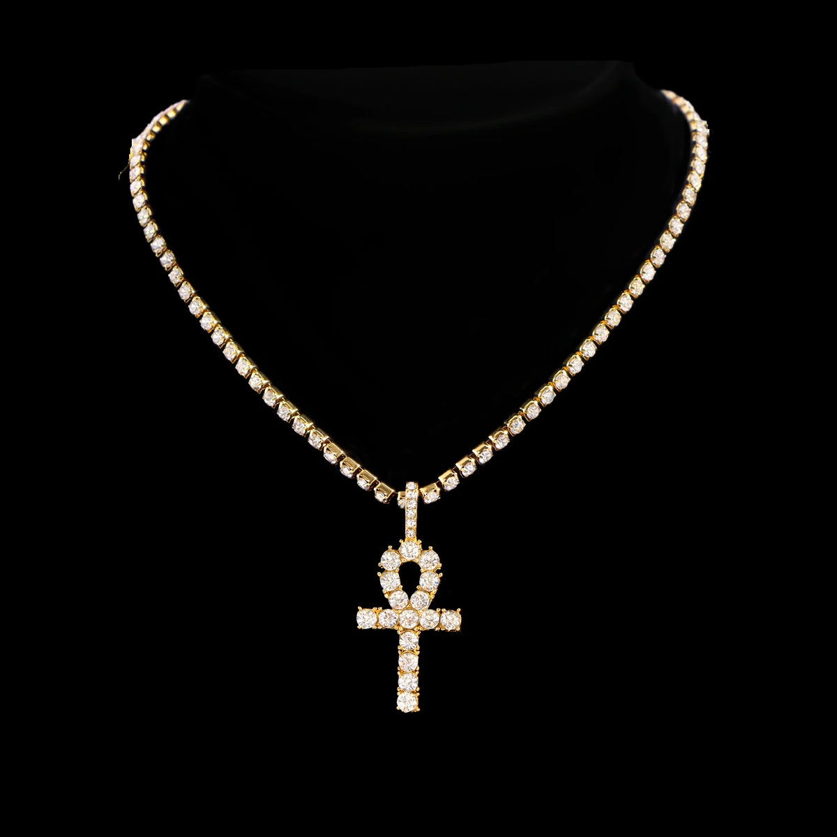 2 pçs punk cristal cruz ankh tênis corrente iced out prong cubana link corrente colar para homens mulheres rapper colares hiphop jóias