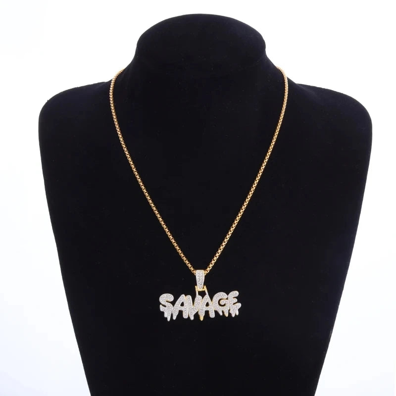 Colar com letras de zircônia cúbica para homens e mulheres, gelado, pingente selvagem, bling, hip hop, rock, rap, jóias de festa