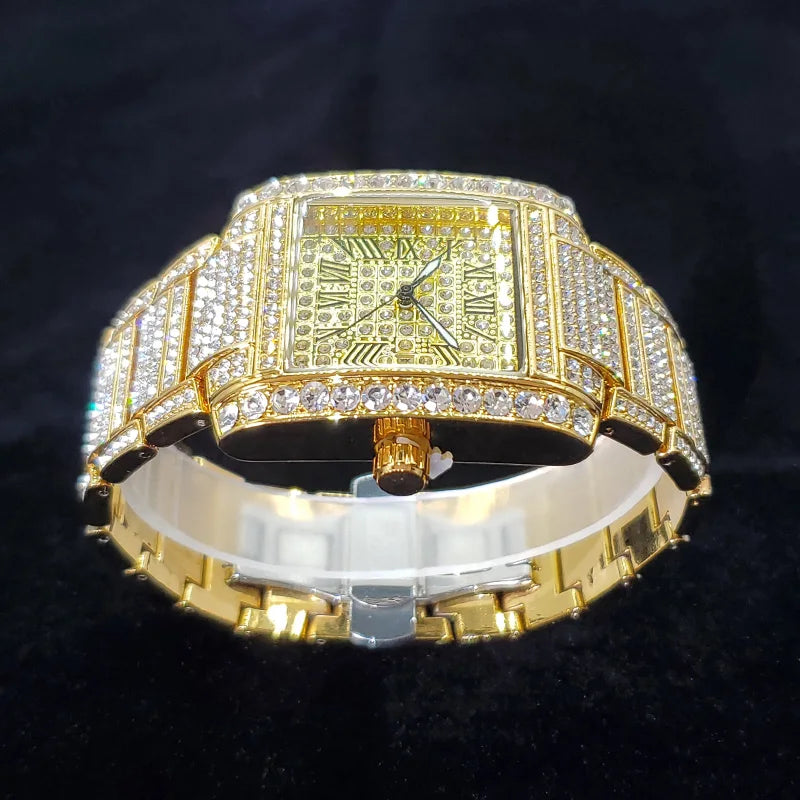 Novo relógio de diamante de luxo para homens moda gelo fora retângulo relógio de pulso bling estilo hip hop jóias relogio masculino dropshipping