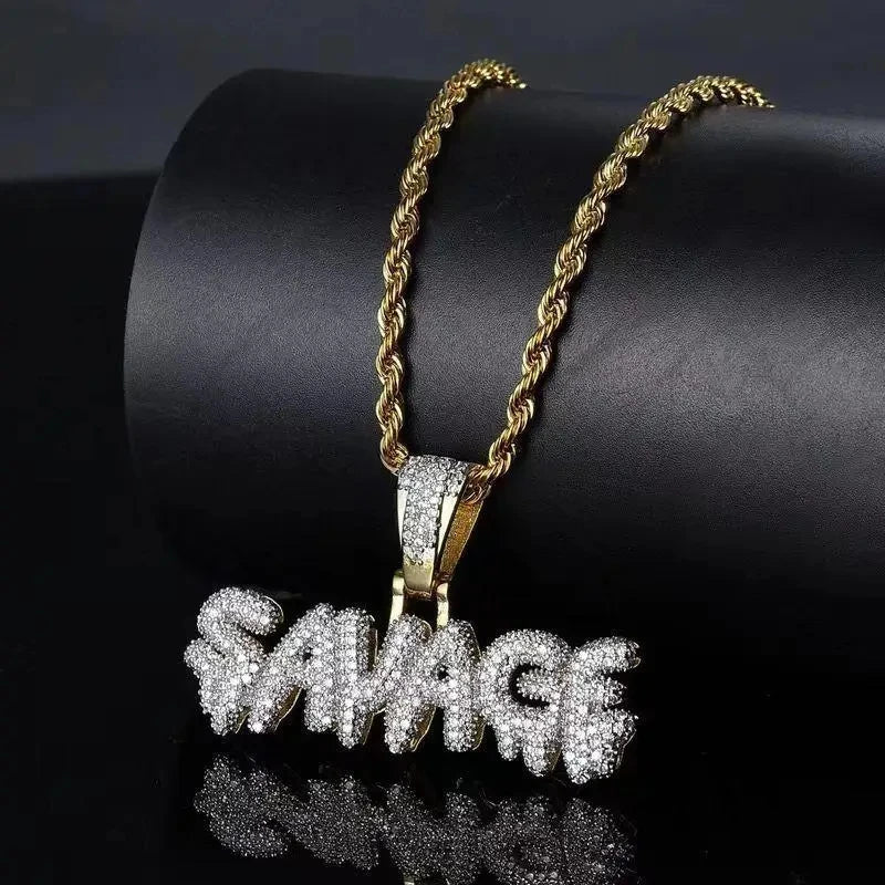 Colar com letras de zircônia cúbica para homens e mulheres, gelado, pingente selvagem, bling, hip hop, rock, rap, jóias de festa