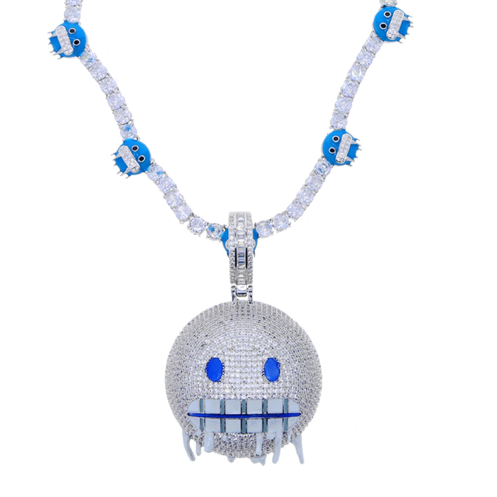 Colar gelado Bling Iceman para homens e mulheres, corrente de tênis, charme de expressão de esmalte azul, jóias Hip Hop, 5mm, CZ, moda, novo, 2024
