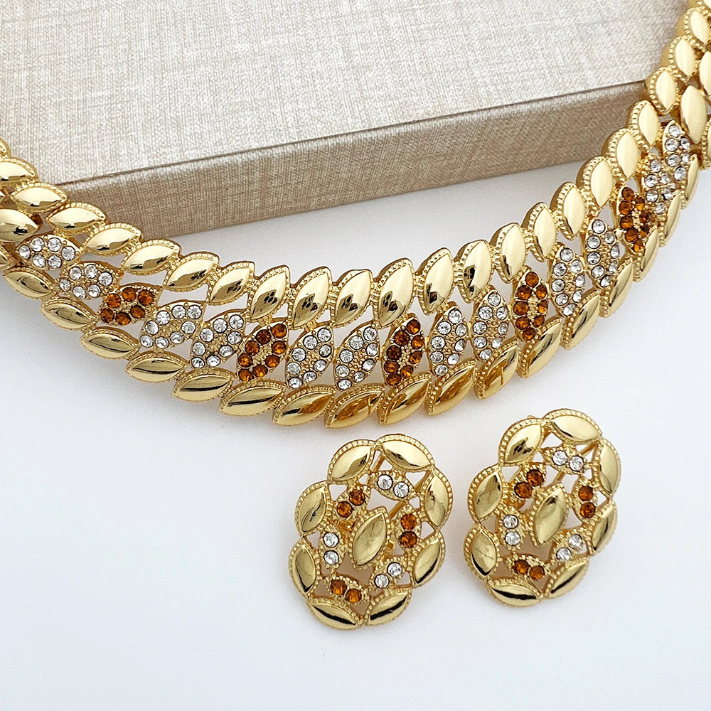 Conjunto de Jóias Banhado a Ouro Dubai para Mulheres, Design de Luxo, Colar Spike, Brincos, Pulseira, Anel, Festa de Casamento, Alta Qualidade