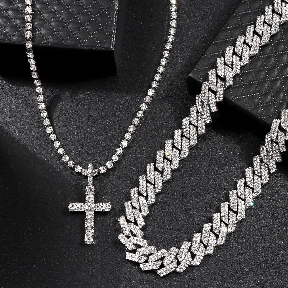 2 pçs punk cristal cruz ankh tênis corrente iced out prong cubana link corrente colar para homens mulheres rapper colares hiphop jóias