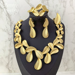 Conjunto de joias banhadas a ouro em formato de folha, 4 peças, para mulheres, colar, brincos, pulseira, anel, festa de casamento, presentes de aniversário