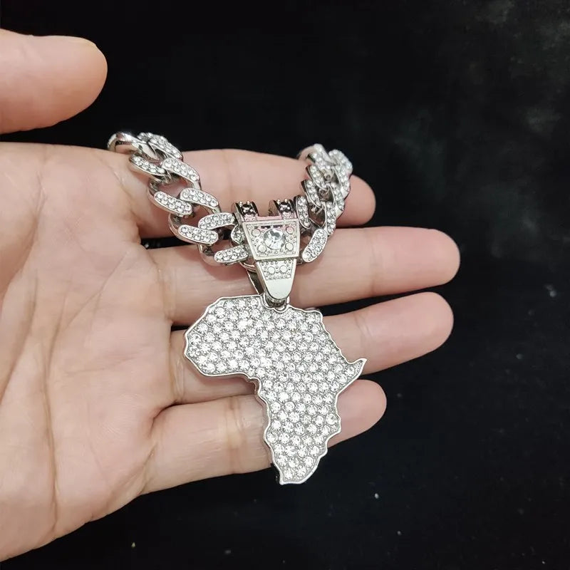 Masculino feminino hip hop gelado bling mapa da áfrica pingente colar com 13mm corrente cubana hiphop colares moda charme jóias