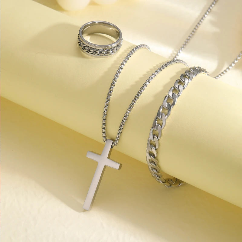 3 pçs conjuntos de jóias de aço inoxidável masculino estilo hip hop gótico com pingente cruz colar anel pulseira conjunto moda presentes simples