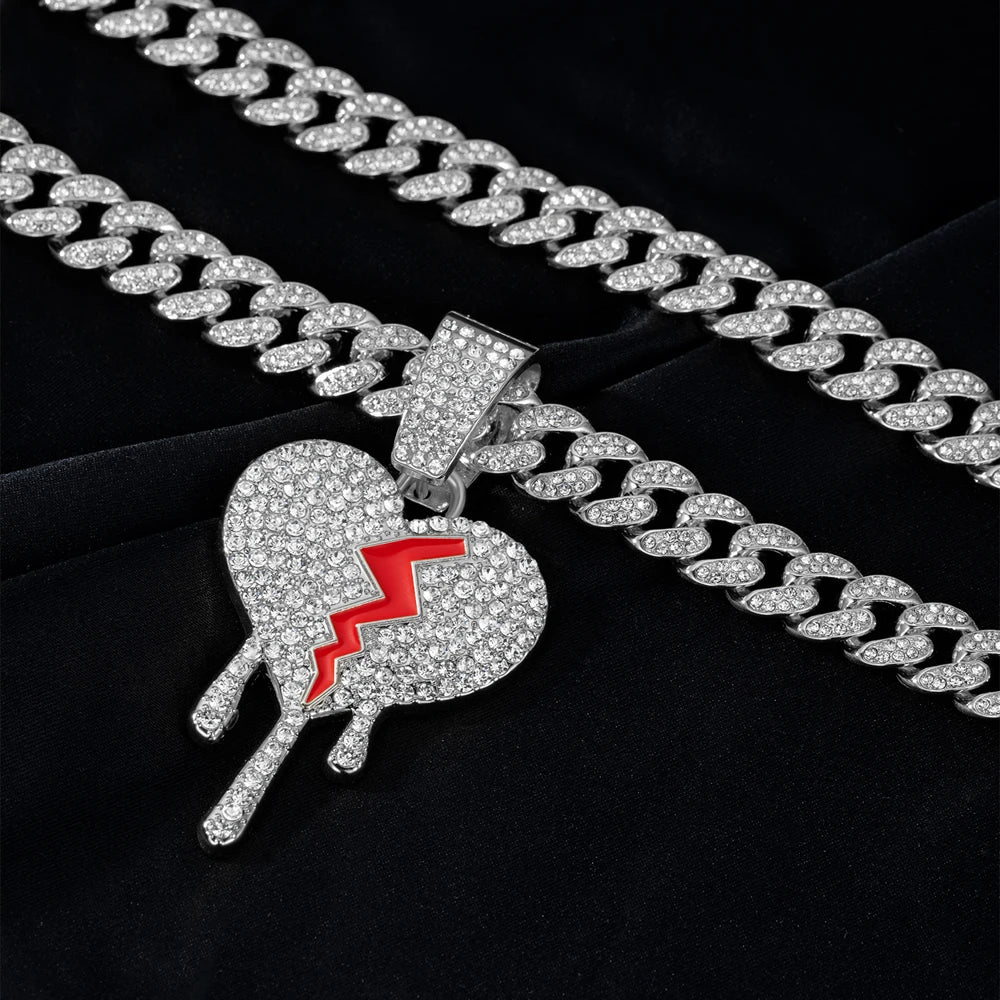 Hip hop iced out coração quebrado pingentes colar com miami cubana link corrente heartbreak colares masculino feminino rapper charme jóias