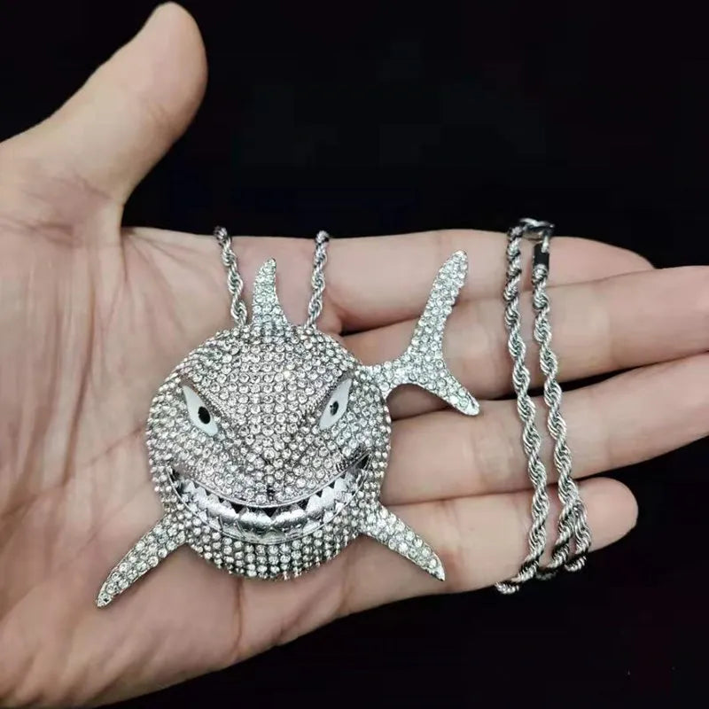 Colar com pingente de tubarão, tamanho grande, para homens, hip hop, joias brilhantes com cristal gelado, corrente cubana miami, joias da moda