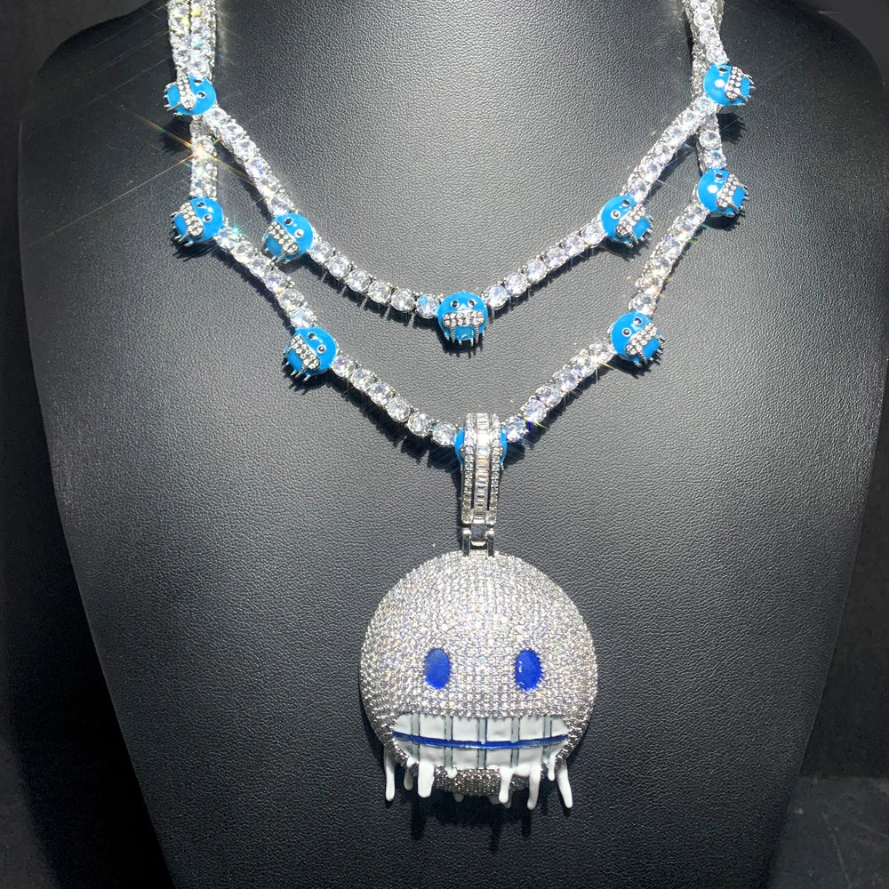 Colar gelado Bling Iceman para homens e mulheres, corrente de tênis, charme de expressão de esmalte azul, jóias Hip Hop, 5mm, CZ, moda, novo, 2024