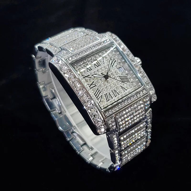 Novo relógio de diamante de luxo para homens moda gelo fora retângulo relógio de pulso bling estilo hip hop jóias relogio masculino dropshipping
